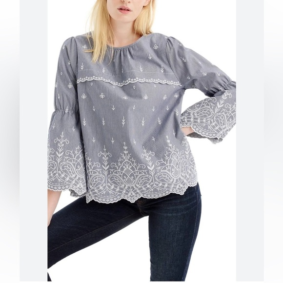 J. Crew Embroidered Stripe 100% Cotton Poplin Bell Sleeve Blouse Size Large - Picture 1 of 10